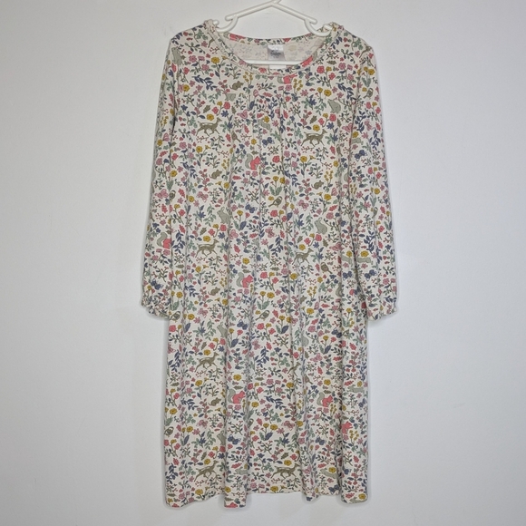 Mini Boden Other - Mini Boden White Pink Yellow Floral Forest Animals Long Sleeve Dress 7/8